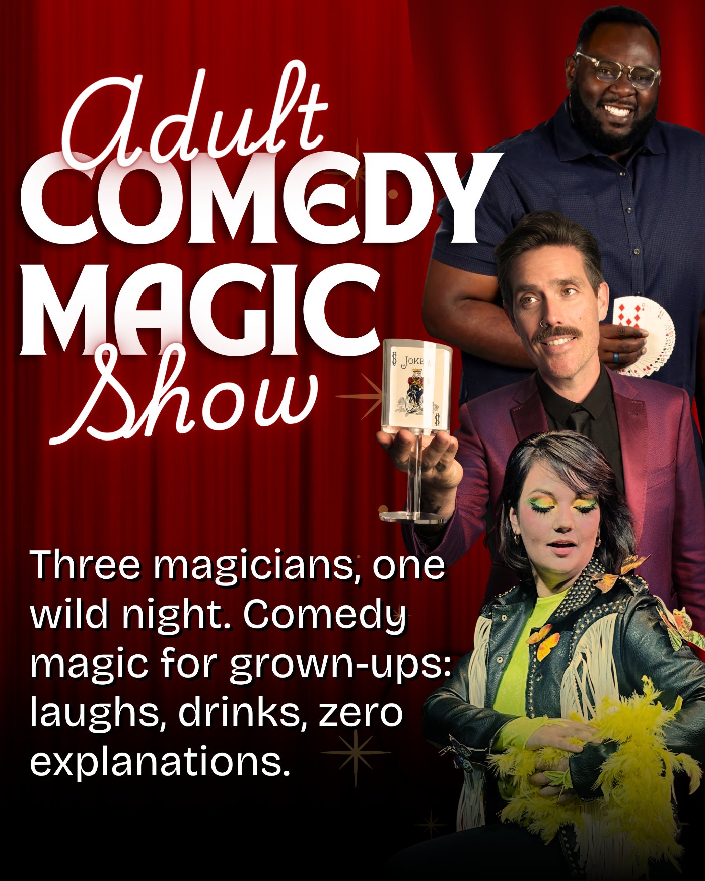 Adult Comedy Magic Show — three magicians live at House Party Improv inside The Black Potion, San Antonio, September 12 2026